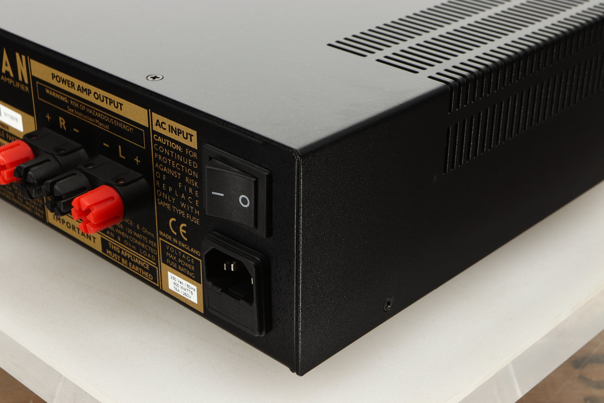 Rear right corner view of a used Roksan Kandy KMA 2/3 MkIII Power Amplifier in Black finish