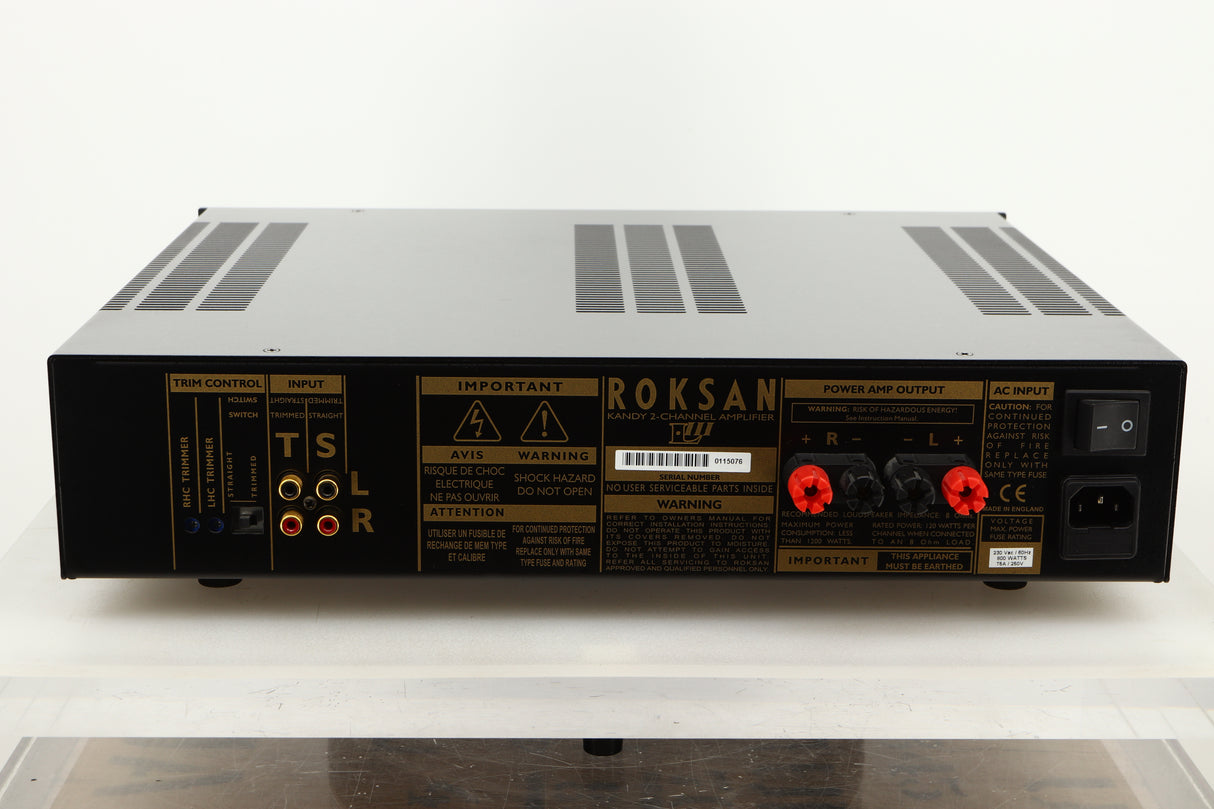 Rear view of a used Roksan Kandy KMA 2/3 MkIII Power Amplifier in Black finish