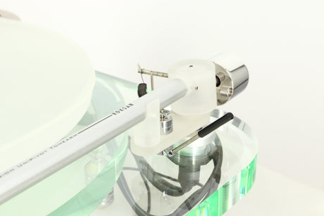 Close up of a used Roksan Radius 7 Turntable / T-VM95ML Cartridge showing rear of the arm