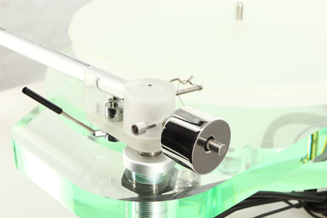 Close up of a used Roksan Radius 7 Turntable / T-VM95ML Cartridge showing rear of the arm