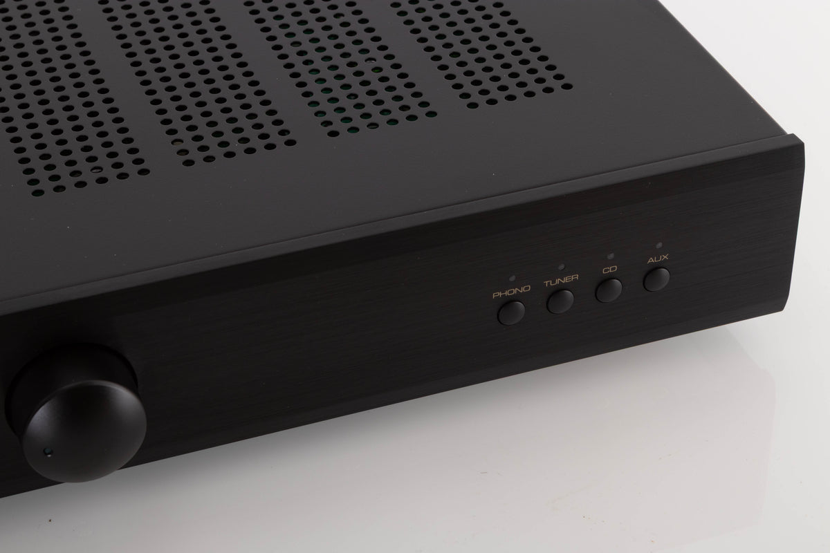 Close up view of a used Rotel A10 MKII Integrated Amplifier in Black finish