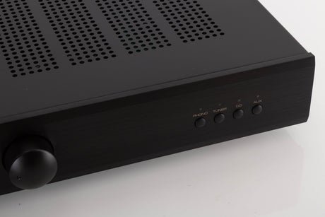 Close up view of a used Rotel A10 MKII Integrated Amplifier in Black finish