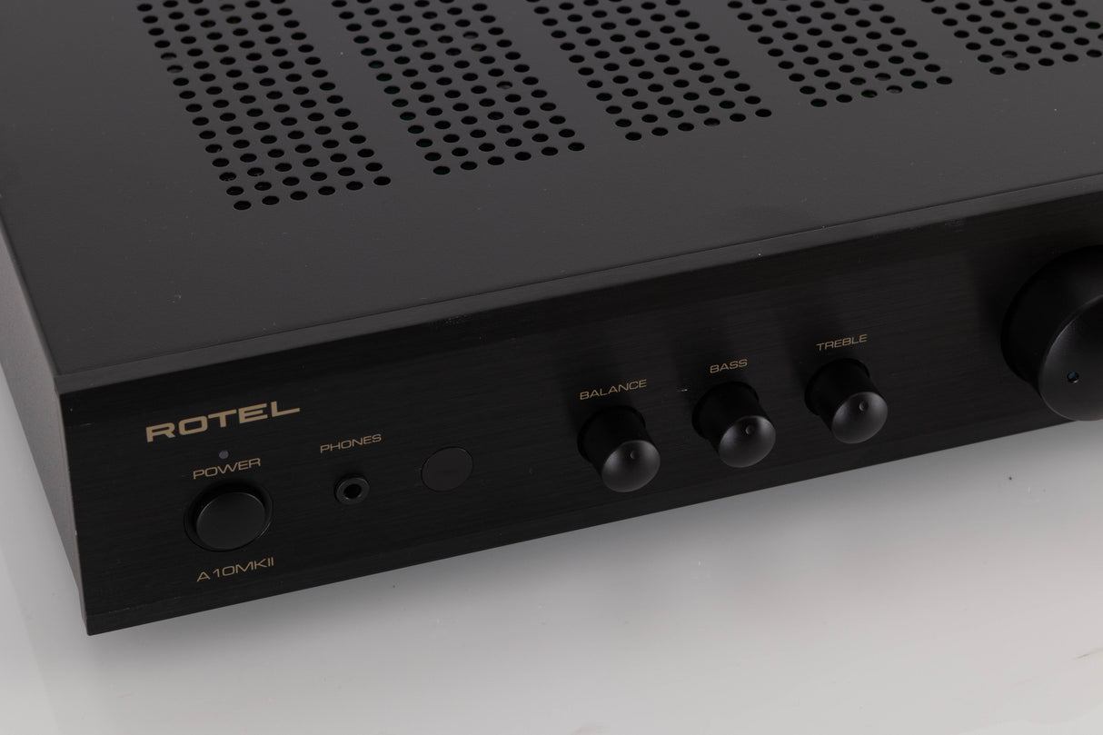 Close up view of a used Rotel A10 MKII Integrated Amplifier in Black finish