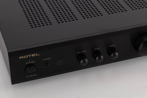 Close up view of a used Rotel A10 MKII Integrated Amplifier in Black finish