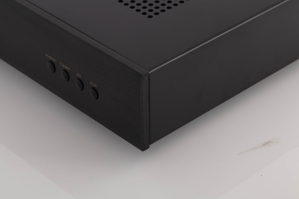 Front right corner view of a used Rotel A10 MKII Integrated Amplifier in Black finish