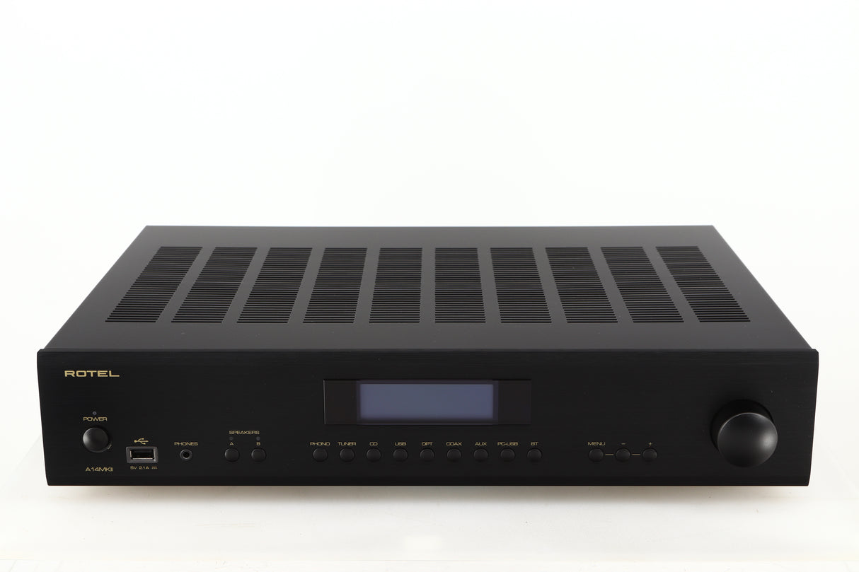 Front view of a used Rotel A14 MKII Integrated Amplifier in a black finish