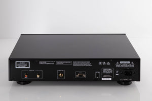 Rear view of a used Rotel CD11 MKII CD Player in a Black finish showing Phono Outputs and Mains Input