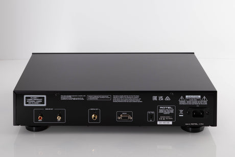 Rear view of a used Rotel CD11 MKII CD Player in a Black finish showing Phono Outputs and Mains Input