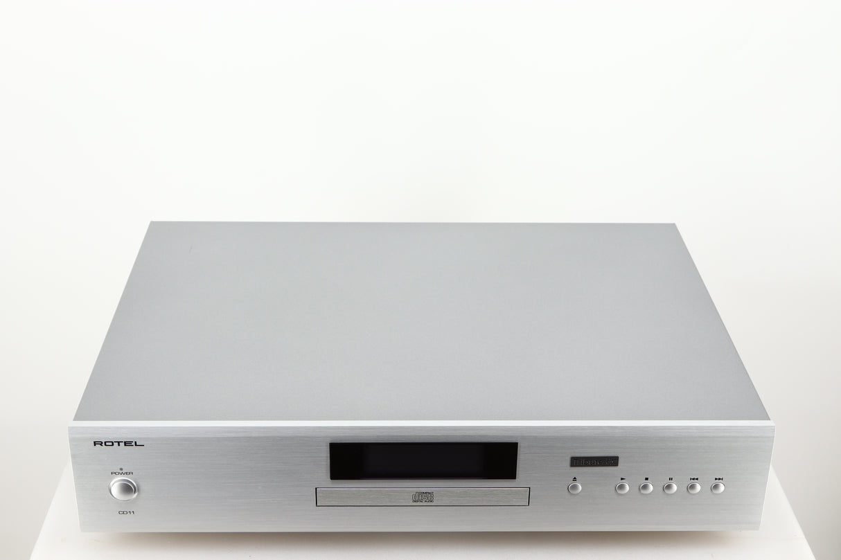 Top of a used Rotel CD11 Tribute CD Player in a silver finish