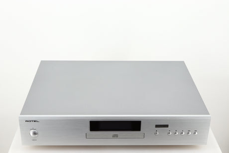Top of a used Rotel CD11 Tribute CD Player in a silver finish