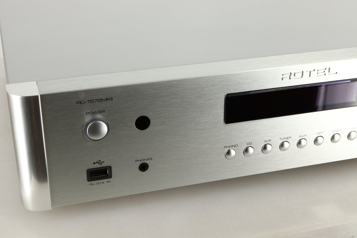 Close up view of a used Rotel RC-1572 MKII Pre Amplifier in Silver finish