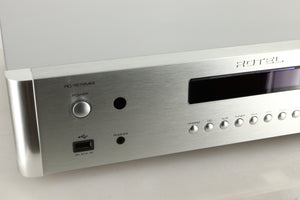 Close up view of a used Rotel RC-1572 MKII Pre Amplifier in Silver finish