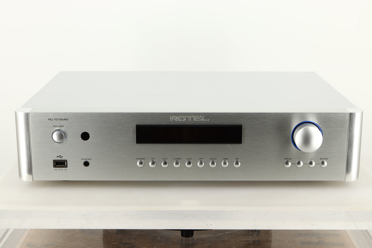 Front view of a used Rotel RC-1572 MKII Pre Amplifier in Silver finish