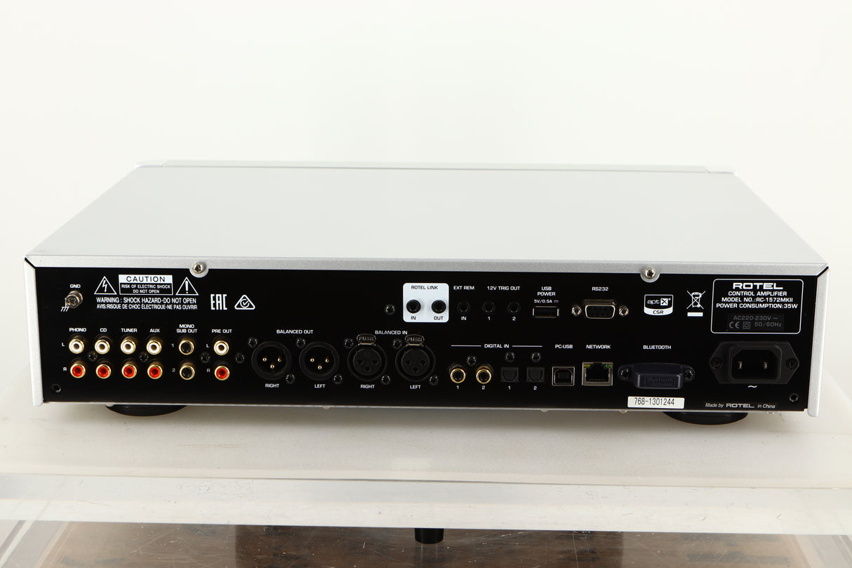 Rear view of a used Rotel RC-1572 MKII Pre Amplifier in Silver finish