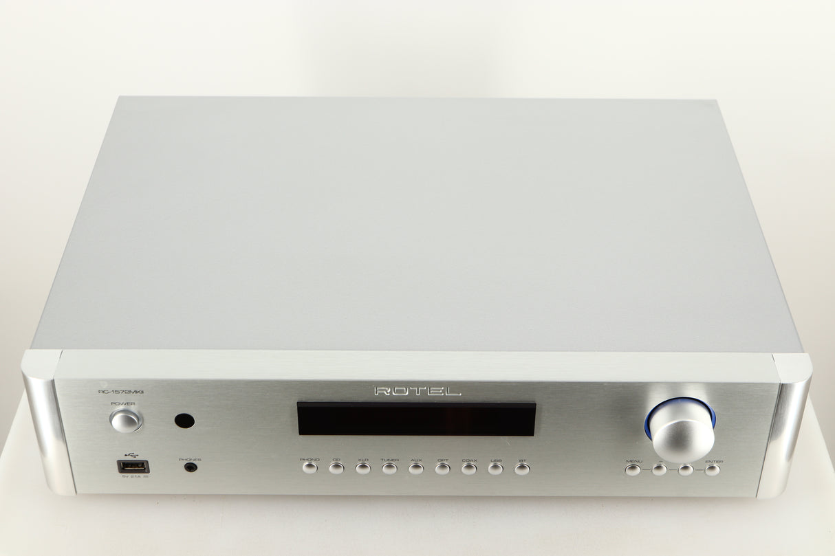 Top view of a used Rotel RC-1572 MKII Pre Amplifier in Silver finish