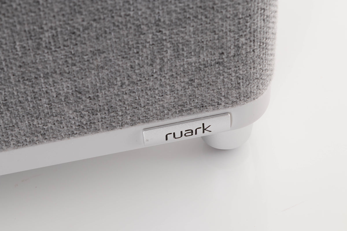 Close up view of a used Ruark Audio RS-1 Subwoofer in Soft Grey
