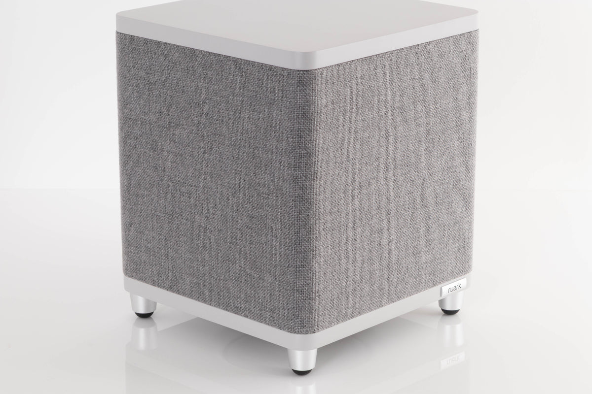 Front left corner view of a used Ruark Audio RS-1 Subwoofer in Soft Grey
