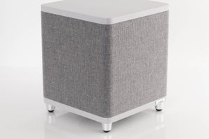 Front left corner view of a used Ruark Audio RS-1 Subwoofer in Soft Grey