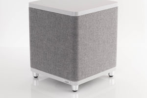 Front right corner view of a used Ruark Audio RS-1 Subwoofer in Soft Grey