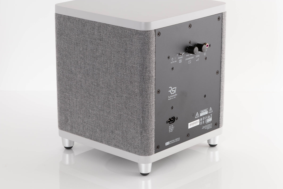 Rear left corner view of a used Ruark Audio RS-1 Subwoofer in Soft Grey
