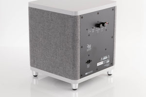 Rear left corner view of a used Ruark Audio RS-1 Subwoofer in Soft Grey