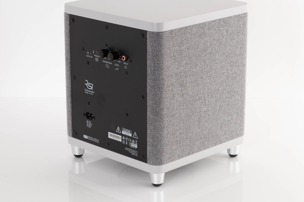 Rear right corner view of a used Ruark Audio RS-1 Subwoofer in Soft Grey