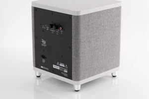 Rear right corner view of a used Ruark Audio RS-1 Subwoofer in Soft Grey