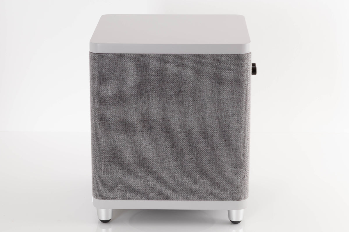 Side view of a used Ruark Audio RS-1 Subwoofer in Soft Grey