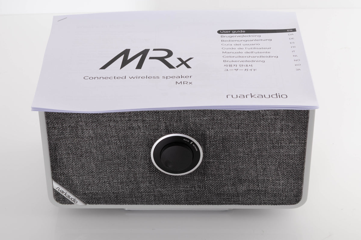 Top of a used Ruark MRX Streaming Speaker showing Manual