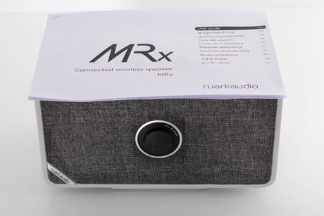 Top of a used Ruark MRX Streaming Speaker showing Manual