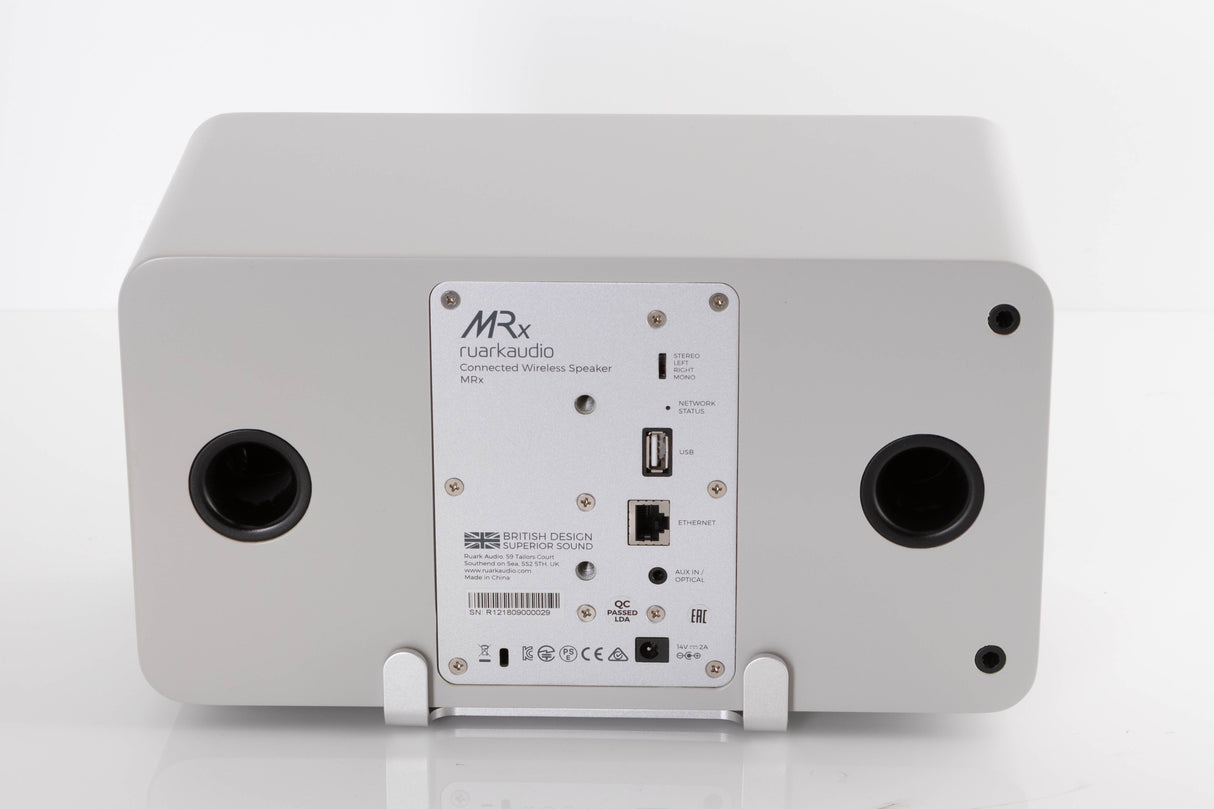 Rear view of a used Ruark MRX Streaming Speaker showing Power Input, Network Input and USB Input