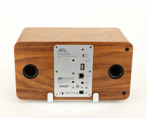 Rear view of a used Ruark MRX Wireless Speaker in a walnut finish showing Network Input, USB Input and Power Input