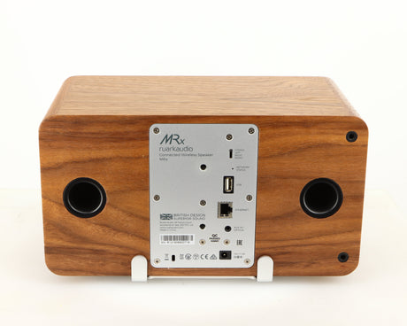 Rear view of a used Ruark MRX Wireless Speaker in a walnut finish showing Network Input, USB Input and Power Input