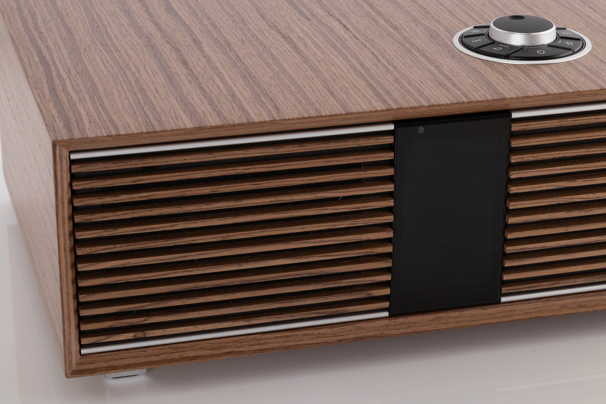 Close up view of a used Ruark R410 Integrated Music System in Fused Walnut