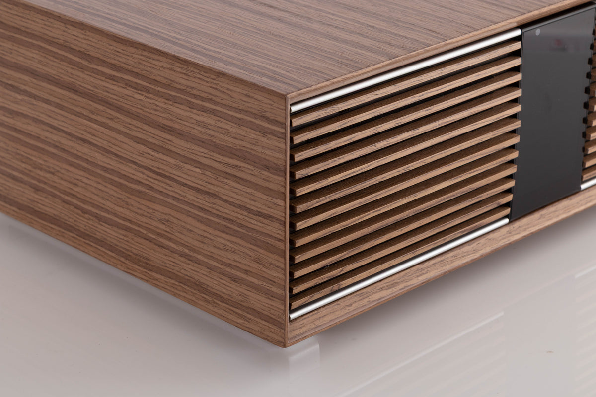 Front left corner view of a used Ruark R410 Integrated Music System in Fused Walnut