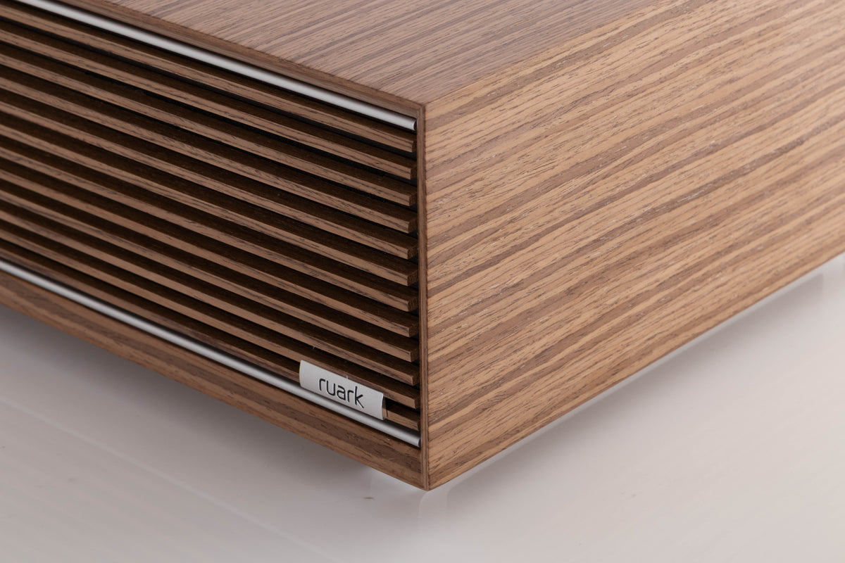 Front right corner view of a used Ruark R410 Integrated Music System in Fused Walnut