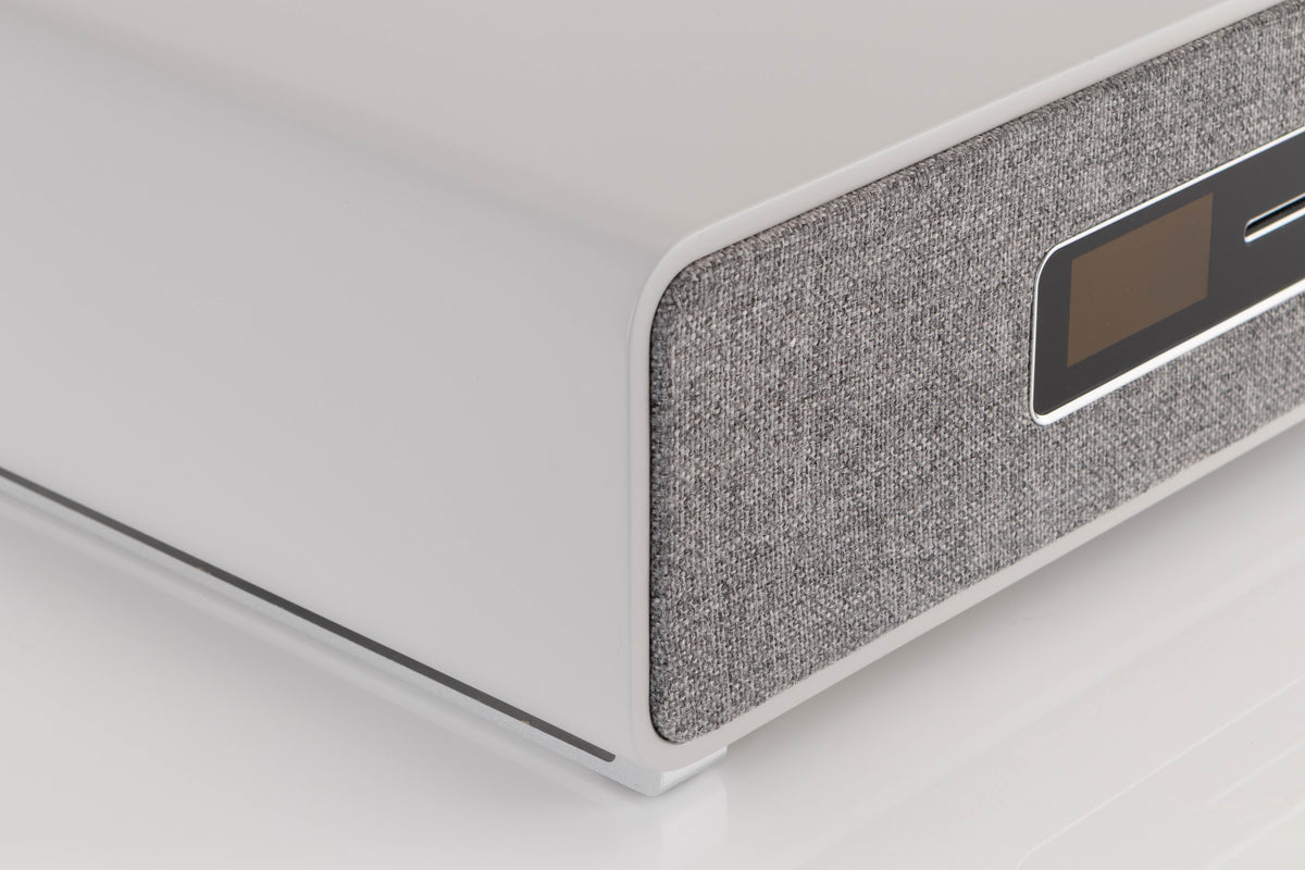 Front left corner view of a used Ruark R5 Music System in Soft Grey