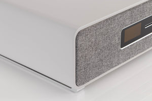 Front left corner view of a used Ruark R5 Music System in Soft Grey