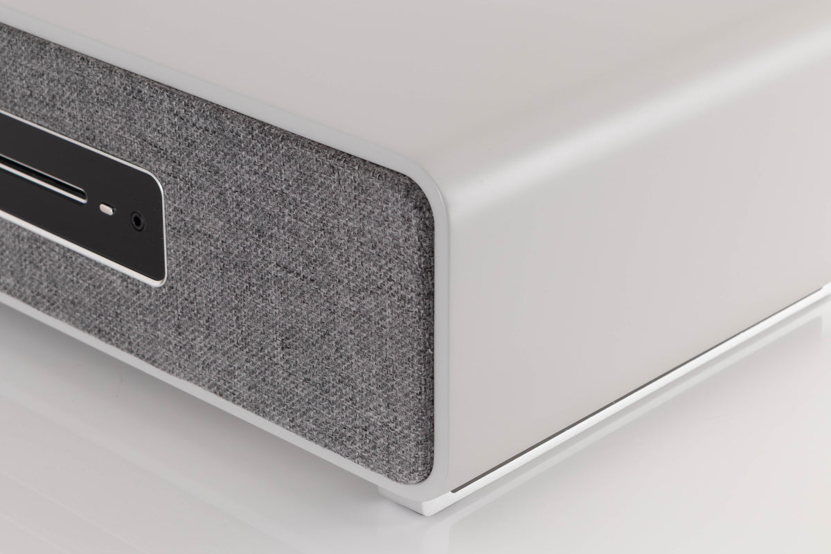 Front right corner view of a used Ruark R5 Music System in Soft Grey
