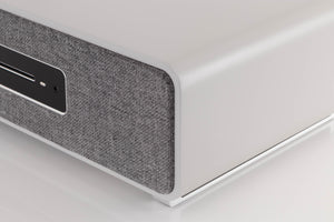 Front right corner view of a used Ruark R5 Music System in Soft Grey