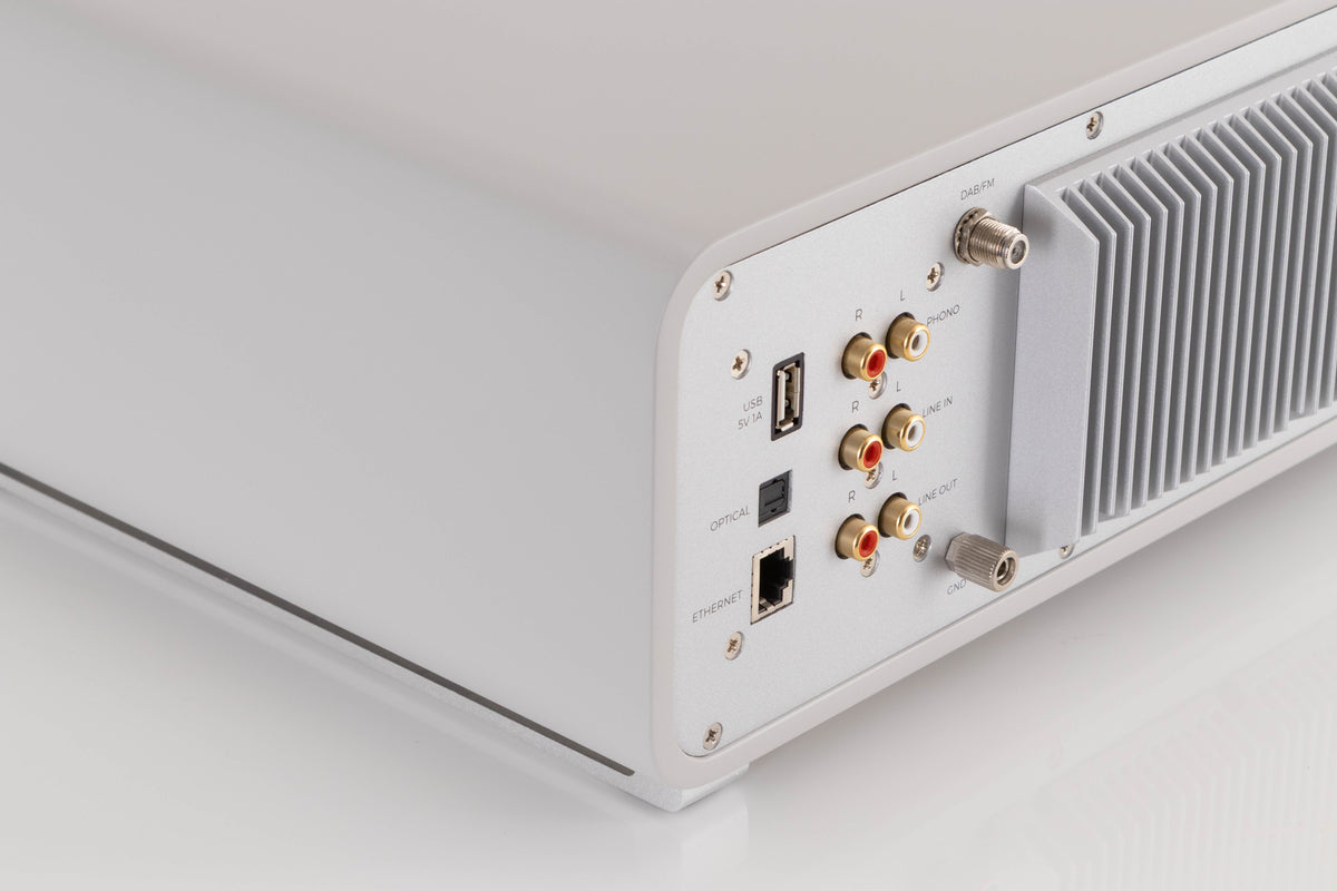 Rear left corner view of a used Ruark R5 Music System in Soft Grey