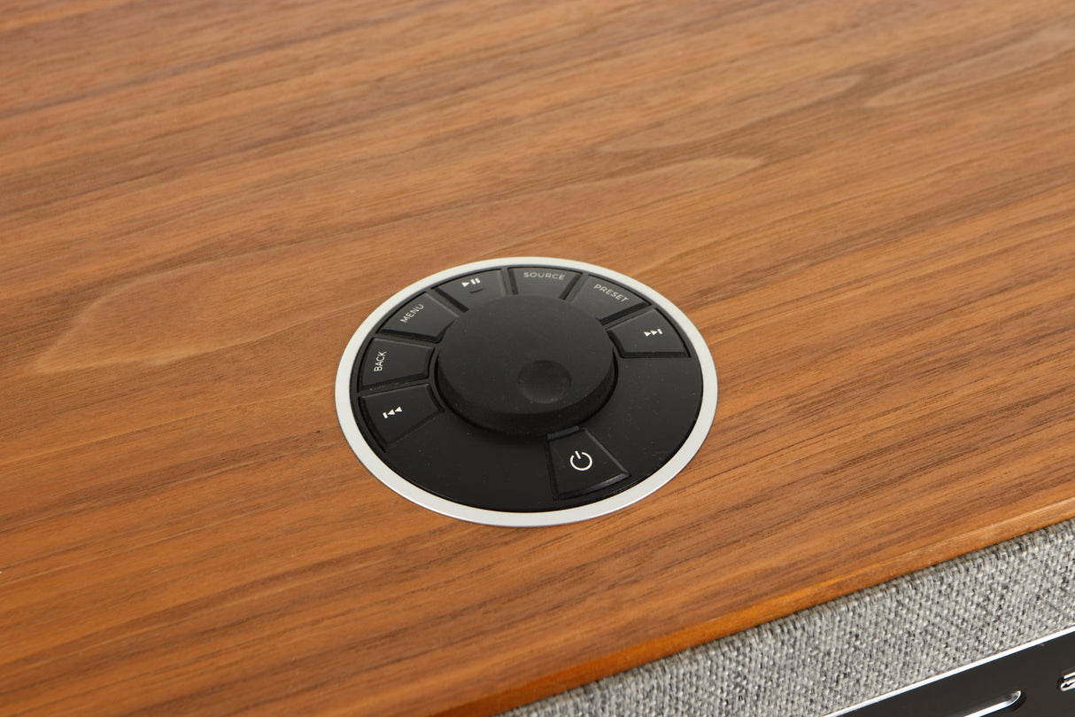 Close up view of a used Ruark R5 Music System in Walnut finish