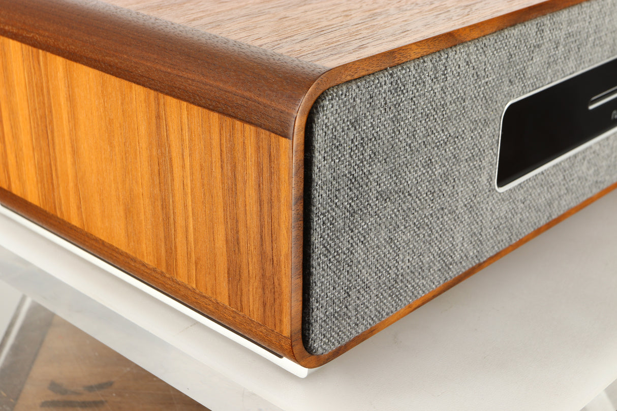 Front left corner view of a used Ruark R5 Music System in Walnut finish