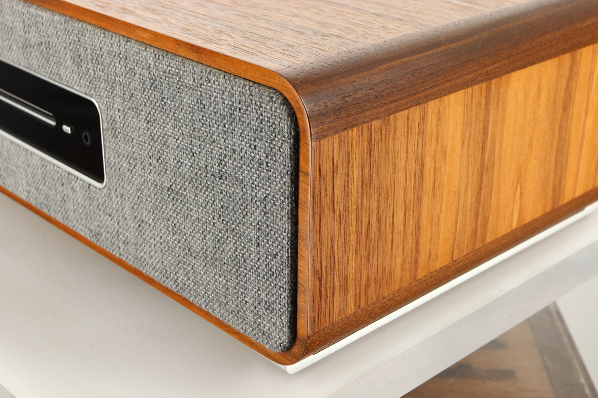 Front right corner view of a used Ruark R5 Music System in Walnut finish