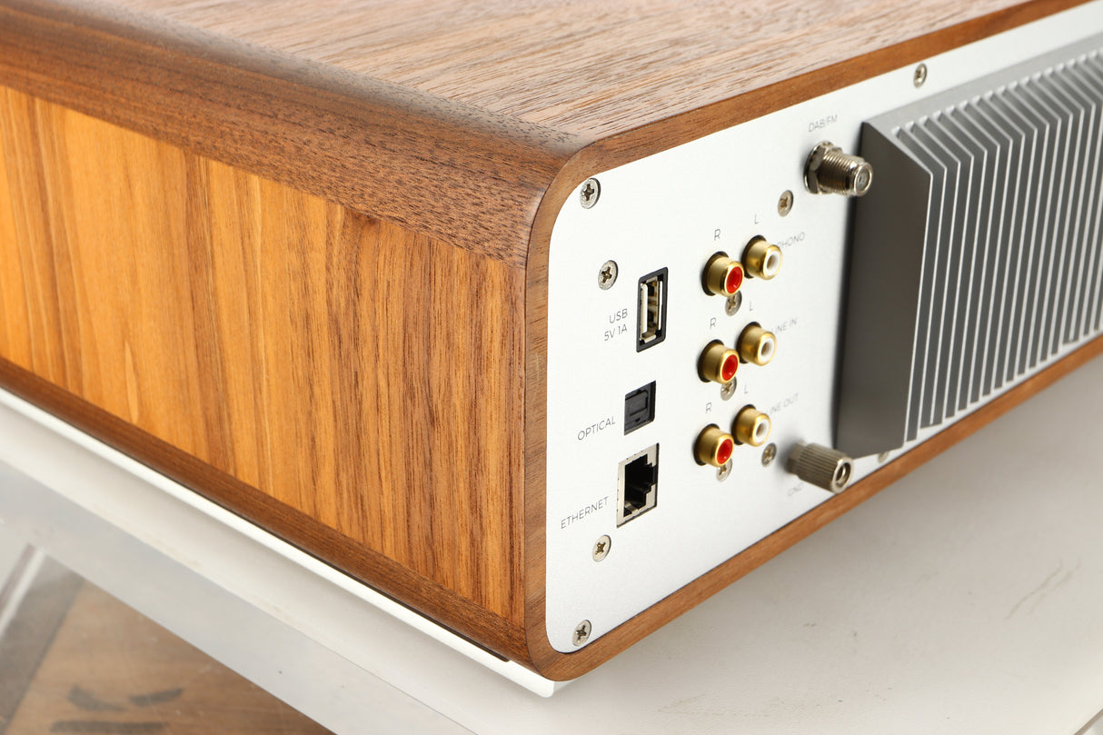 Rear left corner view of a used Ruark R5 Music System in Walnut finish