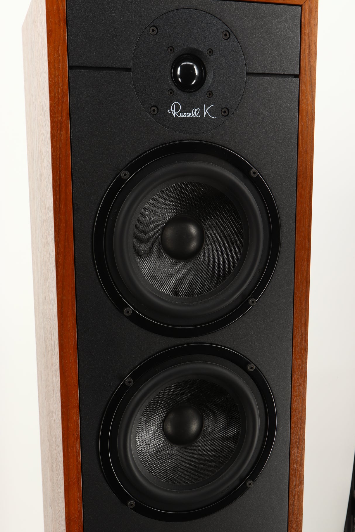 Close up view of a used Russell K Red 150SE Floorstanding Speaker in Walnut finish