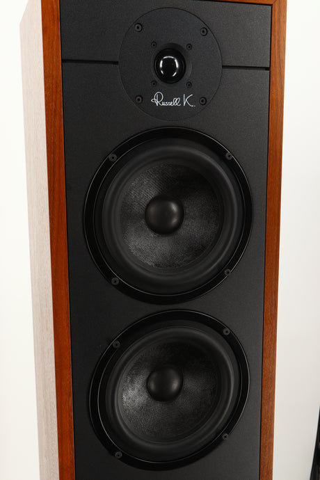 Close up view of a used Russell K Red 150SE Floorstanding Speaker in Walnut finish