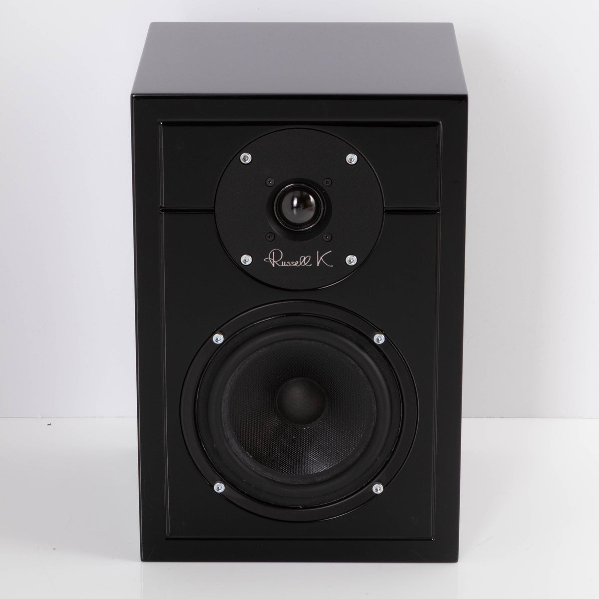 Front view of a used Russell K RED50 Standmount Speaker in a Piano Black finish