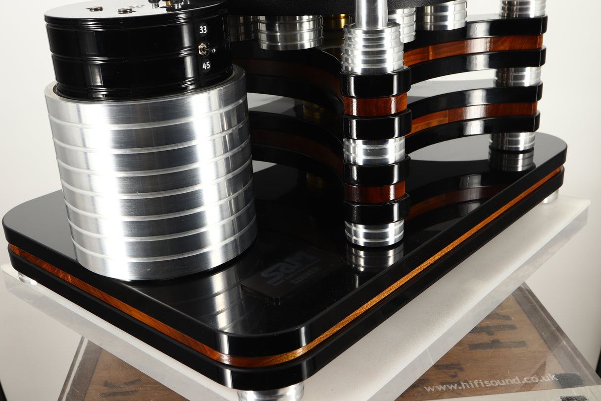 Front left corner view of a used S.A.M. Sinner Turntable with Audiomods Series 6 Micrometer Tonearm, and Benz Ruby Z H Cartridge 