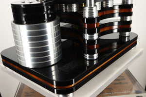 Front left corner view of a used S.A.M. Sinner Turntable with Audiomods Series 6 Micrometer Tonearm, and Benz Ruby Z H Cartridge 